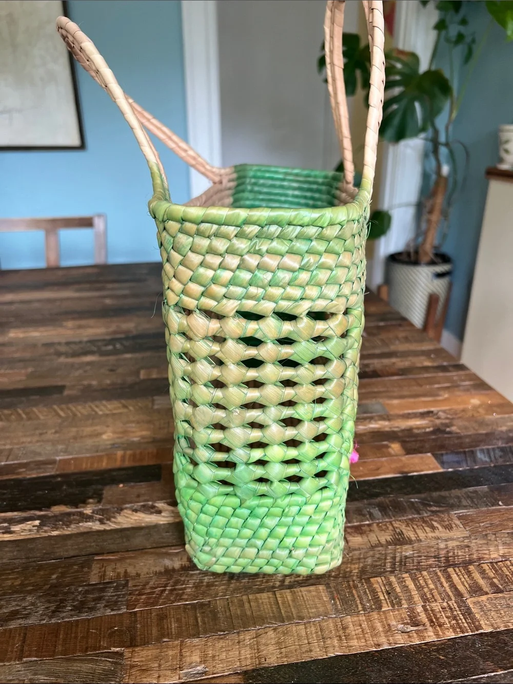 Handwoven Neutral & Green Straw Tote with Pink Accent